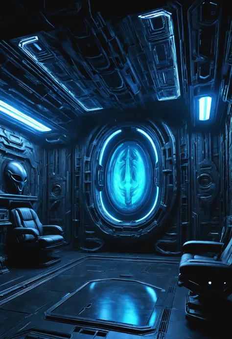 01_Black light, the interior of an epic alien ship, the atmosphere of the movie “Alien”. Bionic forms cover the walls in bas-relief, black artificial material, stone-plastic, and bionics. Sanded, polished, smooth, bas-relief, bionics, cyber-punk. Elements ...