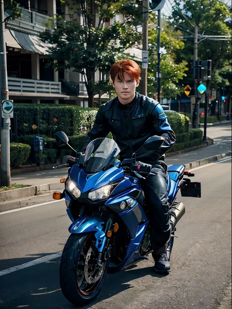 man, blue eyes, red hair, 23 years old, on a Kawasaki ninja motorcycle