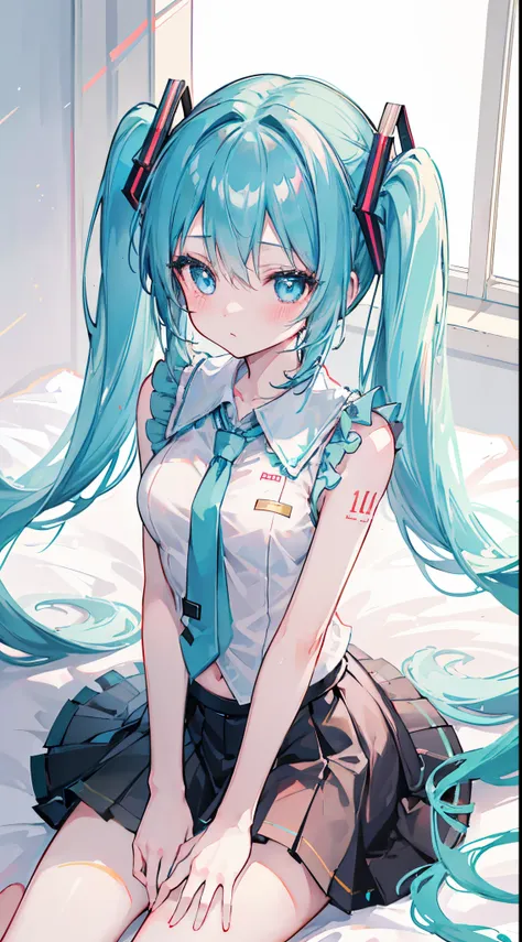 (8k、top image quality、top-quality、​masterpiece)、1 girl in、twin-tailed、hatsune miku、light blue  eyes、red blush、moderately breasts...