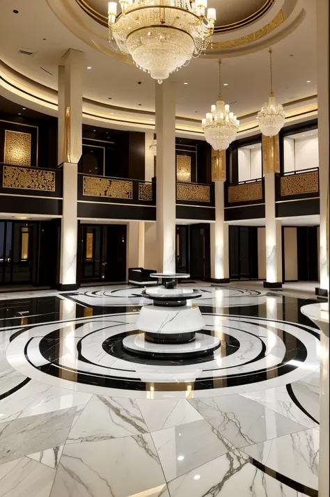 luxury lobby of arab style 5 stars hotel, white and black marble, Detalles dorados, exotic lacked fornitures, Beezfull Weitress en el escritorio, 8k, Foto de alta calidad, natural  lighting, simetric view, Vista espectacular