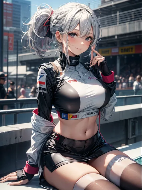 top-quality、Full limbs、complete fingers、Slender beauty、Woman in a ponytail、Silver-haired woman、Women with medium hair、(Beautiful busty woman:1.3)、Race Queen、(High neck sleeveless top in patent material with white logo)、Exposing the belly、White enamel minis...