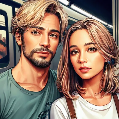 un primer plano de un hombre y una mujer parados uno al lado del otro, in digital illustration style, Estilo de arte realista, realistic artistic style, Arte digital realista 4K, Arte digital realista 4K, Arte de pintura de dibujos animados digitales, Cara...