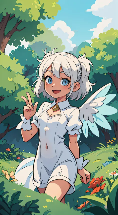 ((best quality, masterpiece)), 1girl, fairy and angel wings, white hair and dress, outdoor, clouds on background, fantasy, medieval, forest on background, smiling