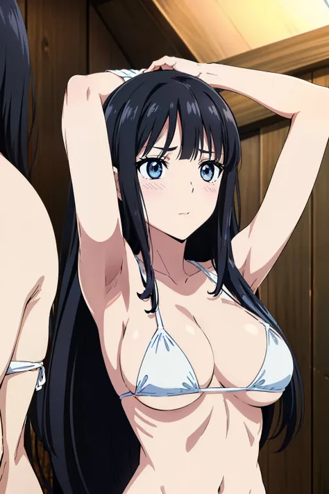 miyuki, 1girl in, cute, blush, blue eyess, (long black hair:1.5), 14years, (oversized large sagging breasts:1.5), cleavage, ((wh...