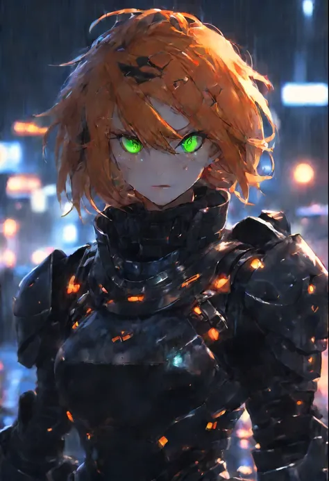 1 girl, solo, villain, light assault armour, black armour, green eyes, orange hair, short over the shoulders hair, sidebangs, hair between eyes, headband, silver emblem on armour, jagged_teeth, rainy night, cyberpunk ambience