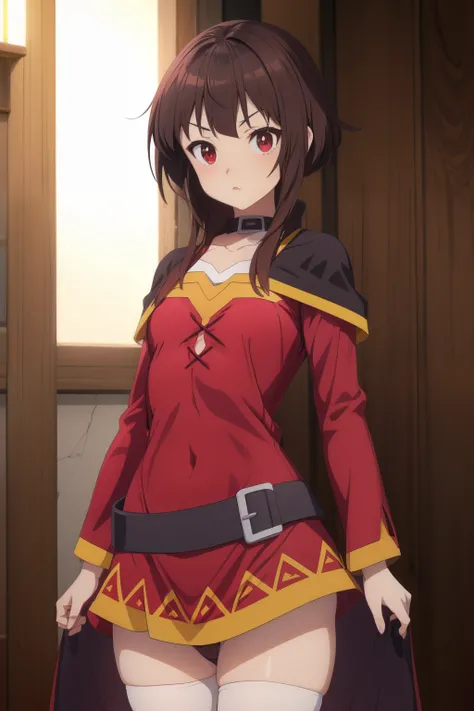 Megumin,1 girl,Lori,small  boobs,ojos rojos,Bloqueos laterales largos,brown hair,pelo corto,sentado en,QUEBRAR (Obra maestraMejor calidad,Perfect anatomy,Manos perfectas,extremidad perjecta,Detalles altos),