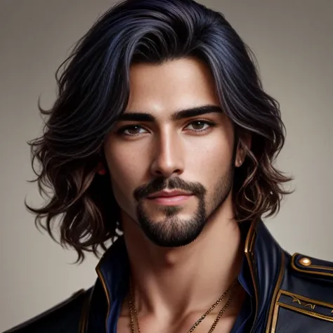 un primer plano de un hombre con pelo largo, ojos azules y una chaqueta de cuero, fantasy male portrait, Retrato detallado del personaje, character art portrait, Hermosa cara detallada, guapo impresionante realista, Retrato de personaje en primer plano, ha...