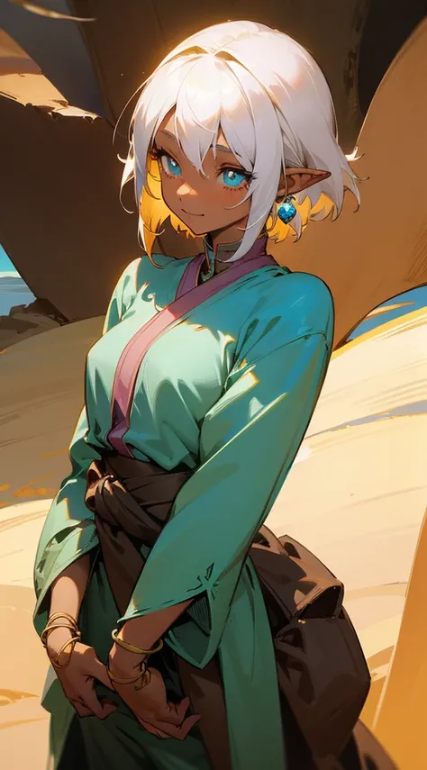 beste-Qualit, super detailed illustration, 1 girl, dark-skin, Cyan eyes, desert, hiquality, the anime, baggy trousers , open waist, short white hair, perky smile, dnd, adventures, Long elven ears, Oriental Fairy Tale (Masterpiece:1.2), Best Quality, High R...