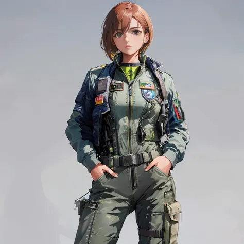 Mujer arafed con una chaqueta de cuero verde y pantalones posando para una foto., en traje de vuelo, Traje de vuelo, Llevar traje de vuelo, Enfoque en el traje de vuelo anti-G, wearing human air force jumpsuit, Advanced Technology Flight Suit, Chica piloto...