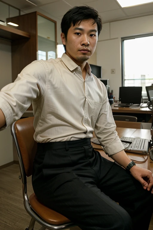 Blurry selfie of a 30 year old asian man at work sitting on a chair