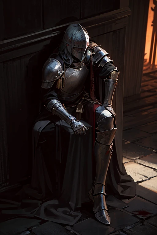 1 injured male knight　Equipped with blood-stained armor　Also equipped with a helmet　After the battle　leaning back to wall　collapsed temple　Blood and battle marks on the floor　Dark atmosphere　medieval-ish　Moonlight shines in　elden ring　low-saturation