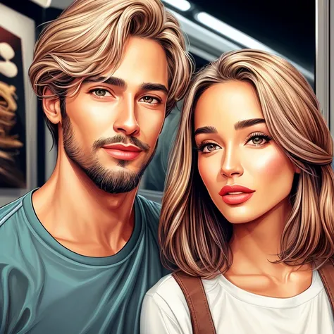 un primer plano de un hombre y una mujer parados uno al lado del otro, in digital illustration style, Estilo de arte realista, realistic artistic style, Arte digital realista 4K, Arte digital realista 4K, Arte de pintura de dibujos animados digitales, Cara...