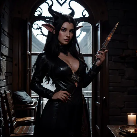 Dungeons and dragons tiefling sorceress with high horns and  fully clothed, she’s extremely beautiful and has black hair