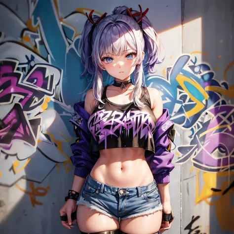 kamisato ayaka|genshin impact, master-piece, bestquality, 1girls,25 years old, oversized breasts, crop top, shorts jeans, oversized breasts, ,bara, crop top, shorts jeans, choker, (Graffiti:1.5), Splash with purple lightning pattern., arm behind back, agai...