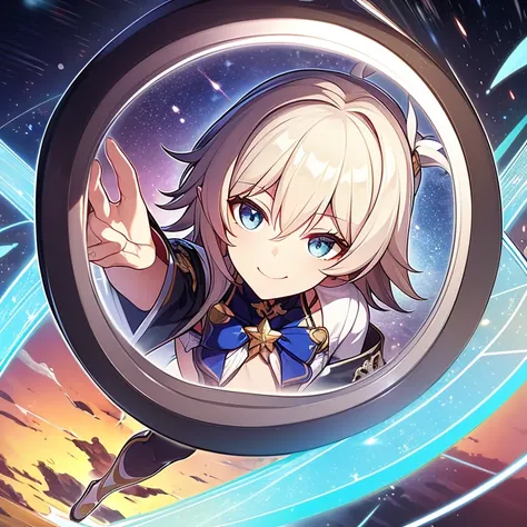 Masterpiece , honkai star rail , solo , 1 female , short platinum blonde hair , blue eyes , small pointy ears , quanta element , abundance path , looking at the viewer , smiling , full body