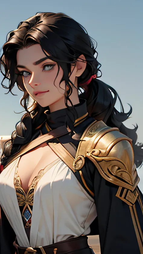 Black hair, Pony tail, Curly wavy hair, Light eyes Muscular woman, fantasy outfit, cloth, clothing