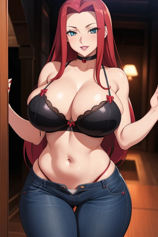 Code Geass, Kallen Stadfeldt 1girl, (((bimbo))), long red hair, puffy lips, painted lips, thick lips, wide hips, thick thighs, big breast, huge ass, revealing cleavage, erotic, Smile face, bubble butt, camel toe, Breasts, blue jeans, Black bra