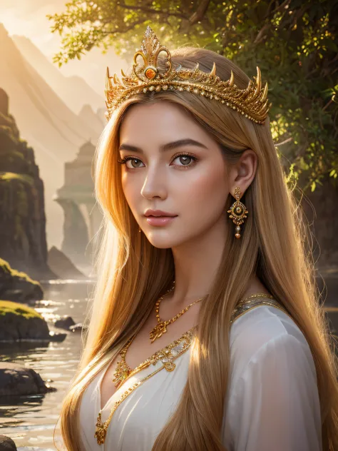 "(bestquality,10,highres,ultra-detail,masterpiece:1.2),Vividly realistic portraits,Beautiful,detailed eyes,Beautiful,Detailed Lips,very detailed eyes and face,long eyelashes,Staring passionately.,elegant goddess,sacred beauty,golden crown,flowing blonde ha...