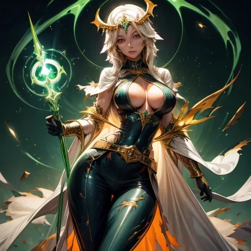 Skin tight holy priestess robes, big fake breast, cleavage, 32 year old girl, very thin waist, long legs, green glowing spectral staff (torn shirt: 1.2) (open shirt: 0.2), beautiful detailed face, detailed lips, erotic long nipples