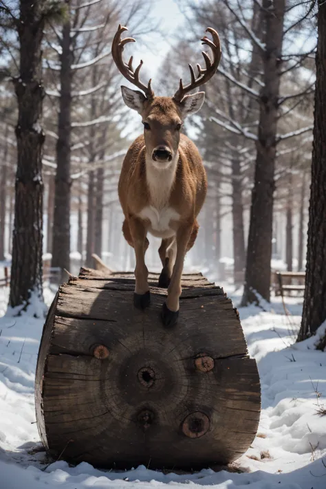 Majestic deer jumping over log in snowy woods, lifelike rendering  intense illumination, 4k resolution