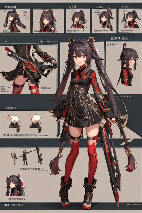 Nai&#39;s original god: hu tao,Young girls, Alone, s, Wear futuristic clothes, Complex weapons, Weapon distribution map (Location of power distribution parts and corresponding equipment, combi)，Character drawing,  Background with