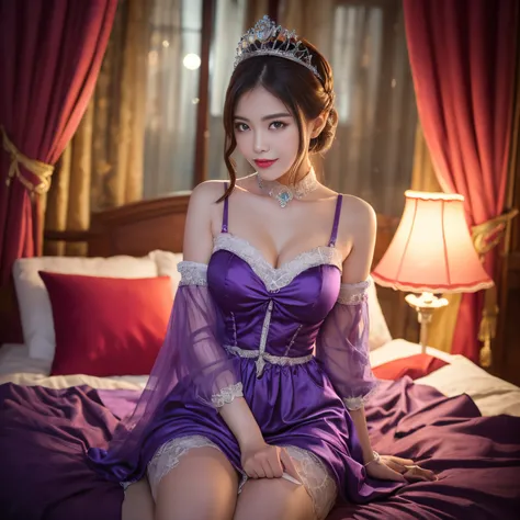 (top-quality、masutepiece、8K、Top image quality、Highly complex and detailed depictions)、one prostitute goddess、The ultimate luxury with everything you can imagine、most gorgeous goddess costume、(Surrounded by pink and purple curtains:1.3)、Sitting on a big bed...