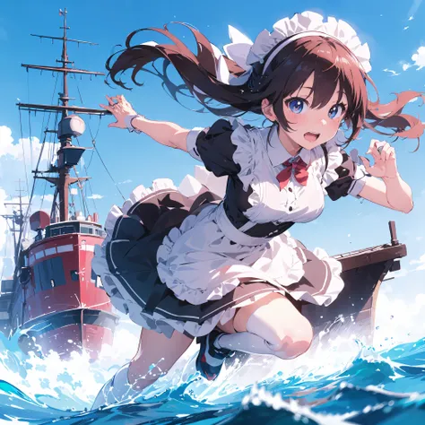 anime girl in a maid costume running on a ship at sea, kantai collection style, kancolle, konpeki no kantai, splash art anime lo...