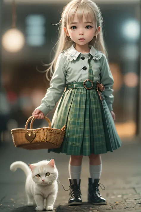 Cute little girl，long whitr hair，k hd, and a scottish fold cat.