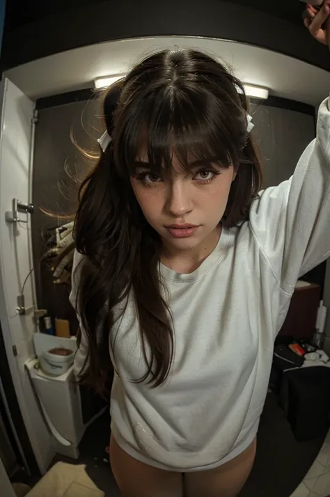 1 woman, gorgeous, long hair with ponytail and bangs, white sweatshirt Oversized, Oversized_shirt, sweatpants, Night City, ((from above, Fisheye, Wide angle shot)), (photorealistic:1.2), (ultrarealistic:1.3) , (very detailed:1.1), ((Masterpiece))