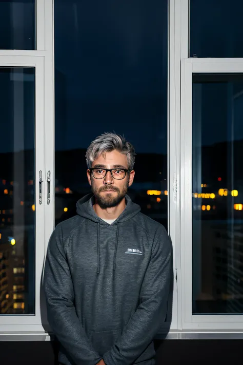 The real magic of short men, Gray hair, Wearing glasses, Wearing a black sweatshirt, terrified expression, Standing, Set up a night office, Landscape of the building at night seen from the window