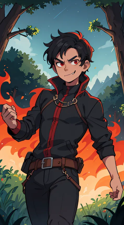 ((best quality, masterpiece)), 1man, red eyes, black hair and black jacket, outdoor, clouds on background, fantasy, medieval, dark night forest , on fire, background, smirking