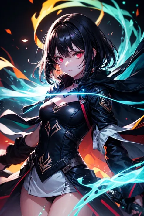 colorful, 1girl, black hair, red eyes, blue flames, glow, glowing weapon, light particles, wallpaper, chromatic aberration, sketch. shrouded outfit