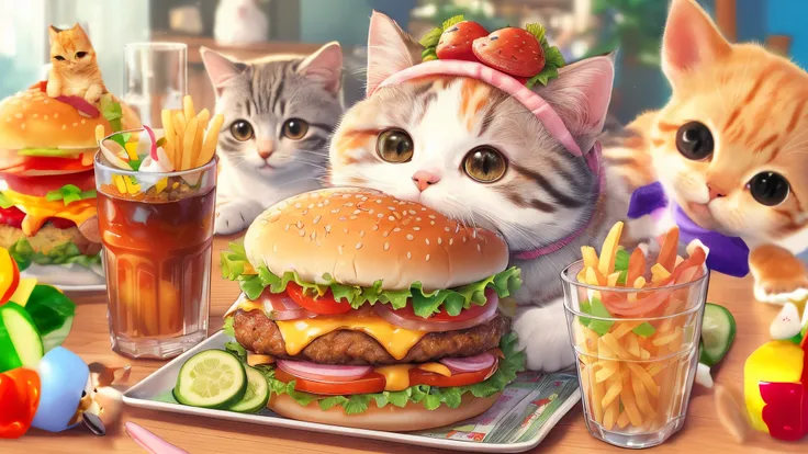 Close-up of a cat sitting at a table with a hamburger and fries, cute detailed artwork, super realistic food picture, Amazing food illustrations, cute detailed digital art, eating hamburger, kawaii realistic portrait, Cute digital art, Adorable Digital Pai...