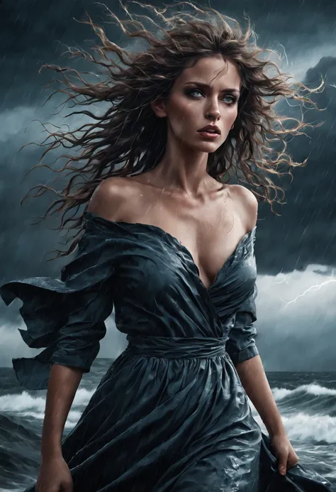 best quality,ultra-detailed,realistic:1.37,portrait,stormy girl,beautiful detailed eyes,beautiful detailed lips,windswept hair,dark clouds,striking lightning,captivating expression,raindrops on her face,dramatic lighting,moody atmosphere,soft shadows,emoti...