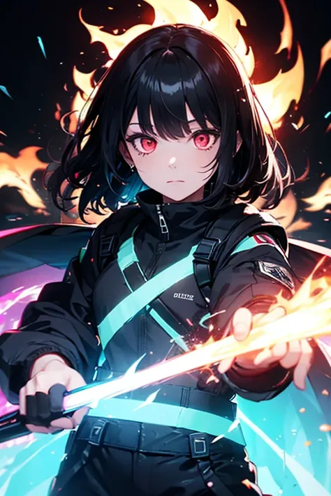 colorful, 1girl, black hair, red eyes, blue flames, glow, glowing weapon, light particles, wallpaper, chromatic aberration, sketch. shrouded outfit