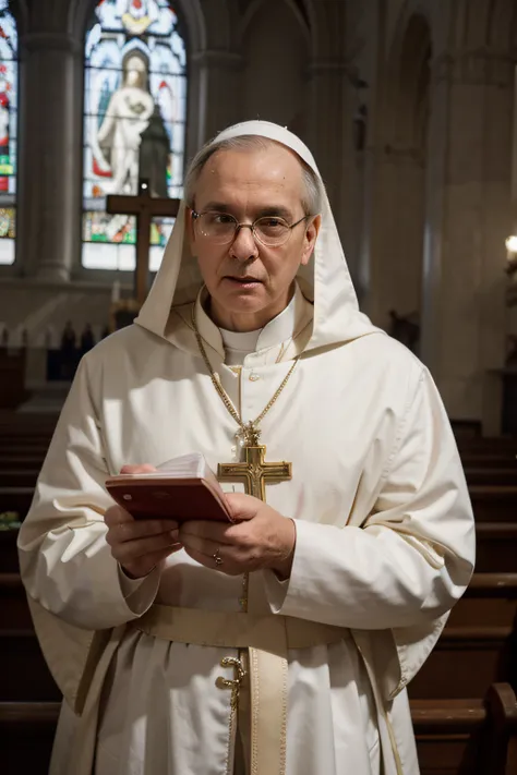 padre arafiado em vestes vermelhas e brancas segurando uma cruz em uma igreja, O Papa, Culto ao Papa, an evil catholic priest, totalmente vestido com vestes vermelhas, Catholic, holy themed, mistura de estilo do Vaticano, papa, Sacrilegious rite, sacerdote...