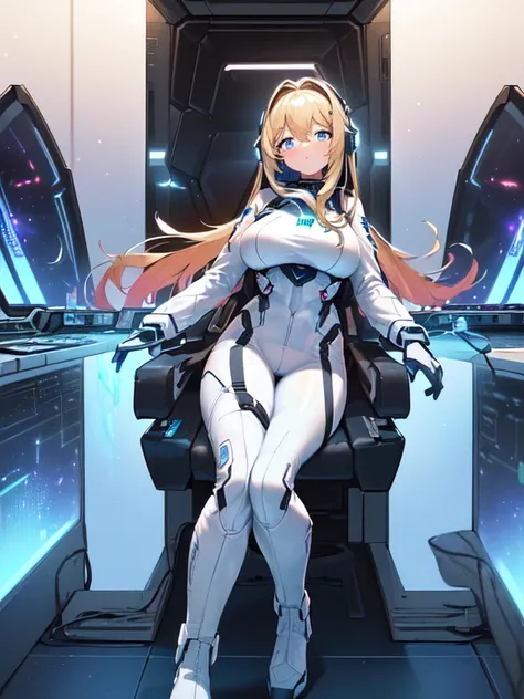 ​masterpiece:1.4, 1girl in ((20yr old, Wearing a futuristic white and silver costume, Tight Fit Bodysuit, long boots, Very gigantic-breasts, Multicolored blonde hair, a short bob, Perfect model body, Blue eyes:1.2, Wearing headphones, Looking out the windo...