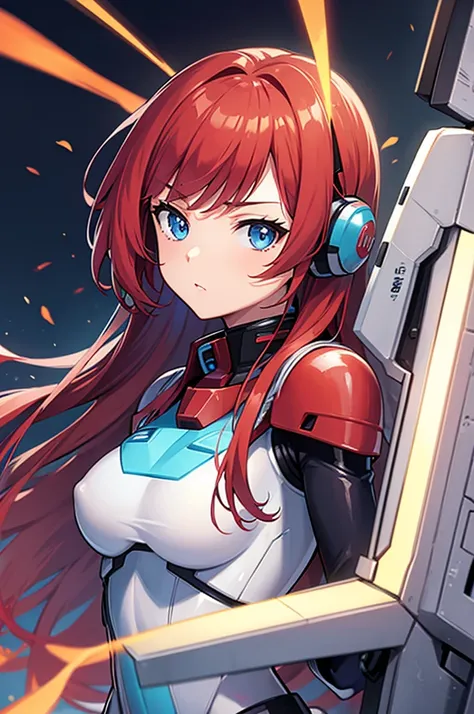 gorgeous face, female, plug suit, red hair, light blue eyes, small boobs, background hangar with a gundam,