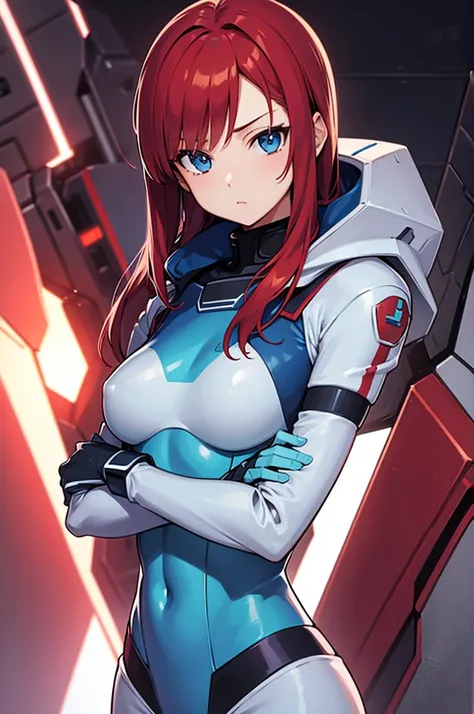 gorgeous face, female, plug suit, red hair, light blue eyes, small boobs, background hangar with a gundam,