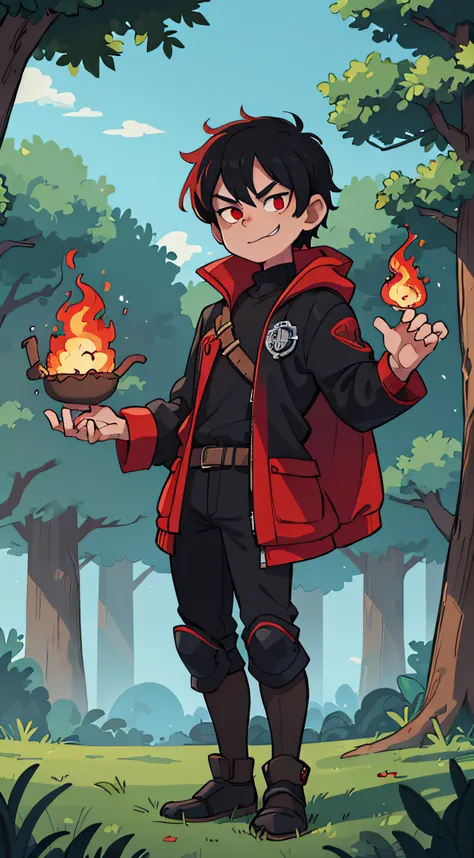 ((best quality, masterpiece)), 1man, red eyes, black hair and black jacket, outdoor, clouds on background, fantasy, medieval, dark night forest , on fire, background, smirking