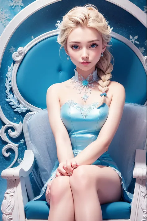 (best quality, masterpiece), 1girl, upper body, looking at the viewer, frozen, Elsa, white background with snowflake pattern, sitting in ice chair