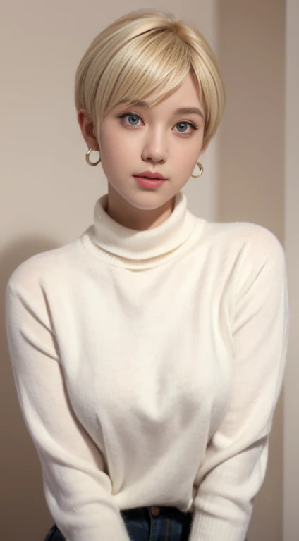 Blonde 20 year old girl，With short pixie hair，Bigchest，Wear a soft white turtleneck sweater, hoop earings, Happy, Newspaper background,, full bodyesbian