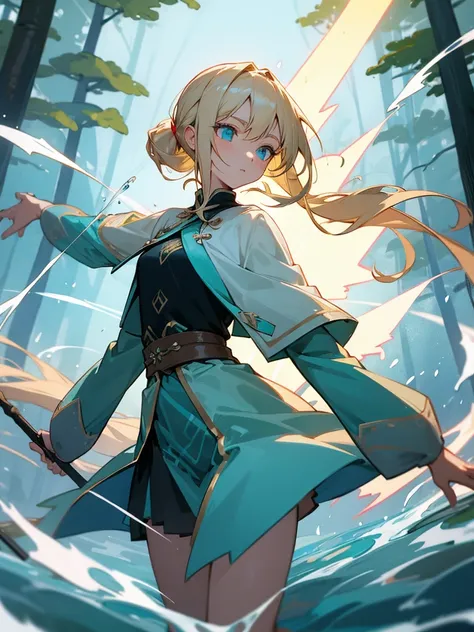 female, long pony tail, light blonde hair, turquoise eyes, magician, casting water spell, spear, forest back ground