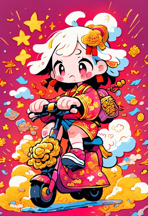 cute doodle, (((Vector illustration style)))，(Chinese - chic Chinese mythological God of Wealth, anatomically correct, oriental elements), (A lovely God of Wealth，Riding an e-bike，Backpack packed with gold ingots，Treasures follow), (Chinese Colors, Advance...