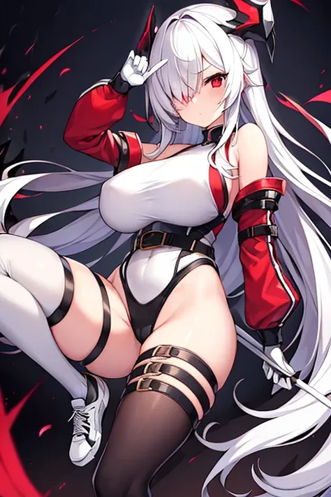 1girl, hair over one eye, one-eye covered, red eyes, white hair, long glowing eyes, leotard, black leotard, belt, white gloves, large breasts, breasts, shoes, sneakers, wide hips, serious