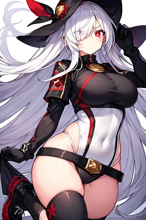 1girl, hair over one eye, one-eye covered, red eyes, white hair, long glowing eyes, leotard, black leotard, belt, white gloves, large breasts, breasts, shoes, sneakers, wide hips, serious