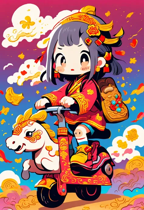 cute doodle, (((Vector illustration style)))，(Chinese - chic Chinese mythological God of Wealth, anatomically correct, oriental elements), (A lovely God of Wealth，Riding an e-bike，Backpack packed with gold ingots，Treasures follow), (Chinese Colors, Advance...