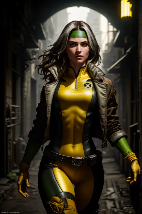 (dark shot: 1.1), epic realistic, rogue from x-men, 1 girl, only 1, beautiful, serious, green eyes, dark brown hair, (one white ...