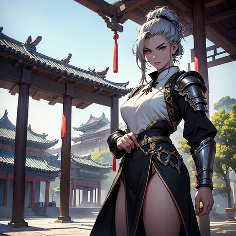 ​masterpiece, best quality, detailed, cinematics, 4k, background with:in front of a pavilion inside an ancient chinese city, wea...