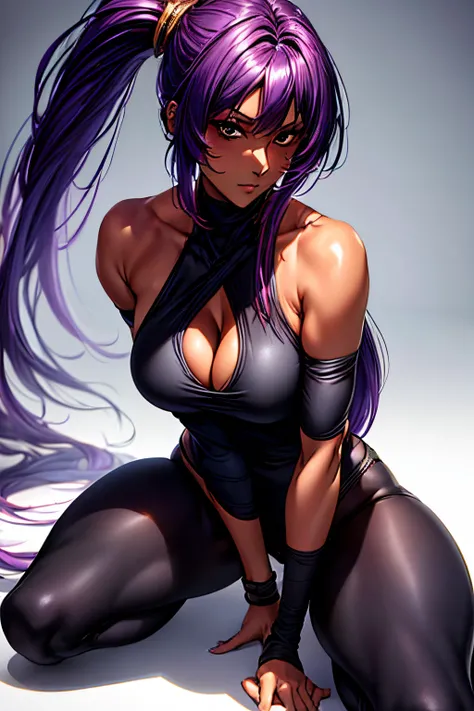 (Best quality at best,8K,A high resolution,tmasterpiece:1.2),Digital artwork,A woman in her thirties，With purple hair, pony tail hair，dark skin，With a gentle expression, Details from head to toe, black tight ninja costume，cleavage，sexy pose，no shadow